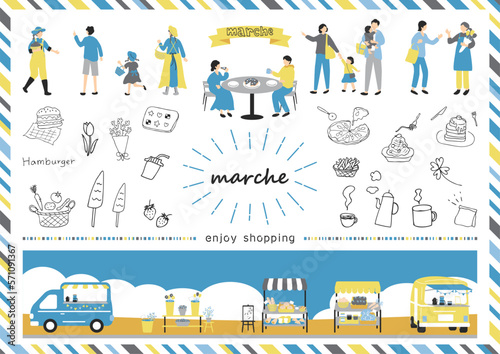 マルシェ　休日のマーケットで楽しむ人々