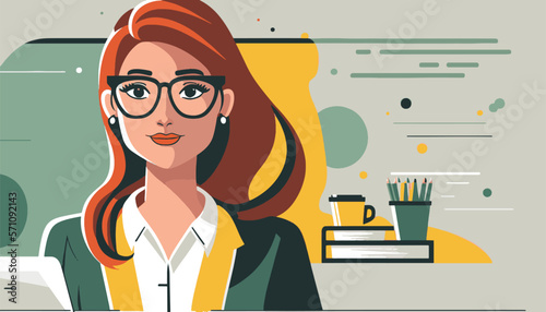 Photographie 2D flat illustration,A joyful businesswoman wearing glasses works at an office