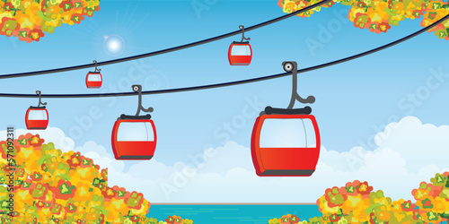 Cable car transportation rope way over autumn.