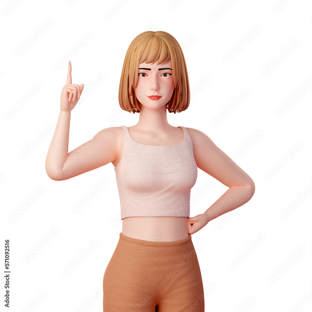 3D Illustration Portrait of a Young Woman Pointing Up with Right Hand in Crop Top and Sport Wear 3D Illustration Portrait of a Young Woman Pointing Up with Right Hand in Crop Top and Sport Wear