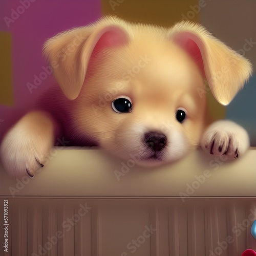 cute cartoon 3d puppy, child's bedroom background
