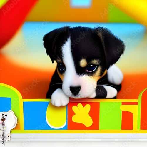 cute cartoon 3d puppy, child's bedroom background