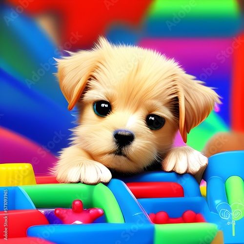 cute cartoon 3d puppy, child's bedroom background