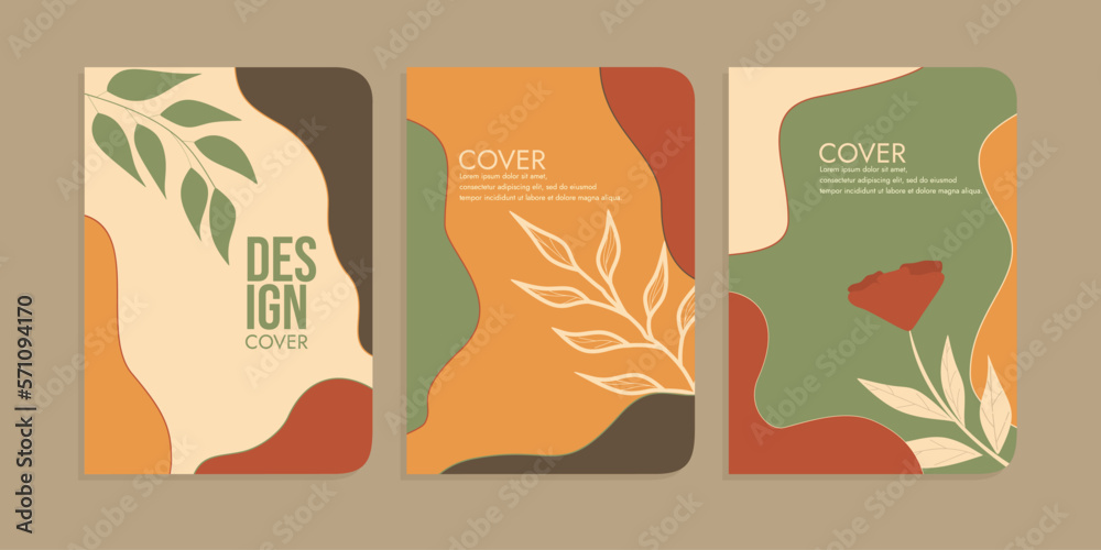 set of book cover designs with hand drawn floral decorations. abstract retro botanical background. A4 size For notebooks, planners, brochures, books, catalogs