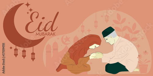 eid mubarak poster illustration. flat design old man and woman in hijab shaking hands. photo