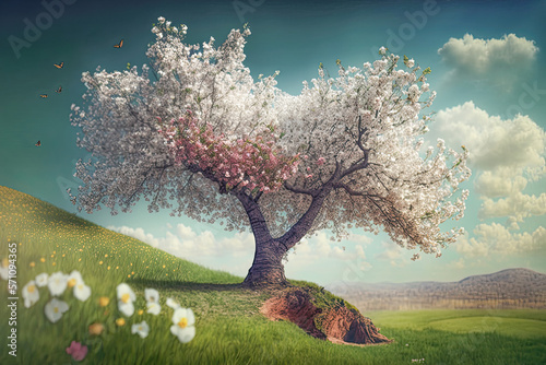 Spring awakening the landscape with a burst of life as a blooming tree adorned in white flowers stands tall at the foot of a rolling hill, symbolizing the rejuvenating power of nature. ai