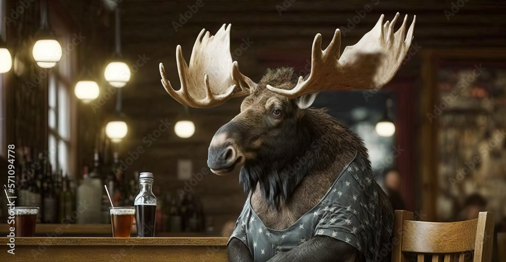Bull moose with antlers with drinks and a beer sitting in a bar drinking dressed in human clothes. Very expressive expression on the big male bull moose. Generative ai image Bull moose with antlers with drinks and a beer sitting in a bar drinking dressed in human clothes. Very expressive expression on the big male bull moose. Generative ai image