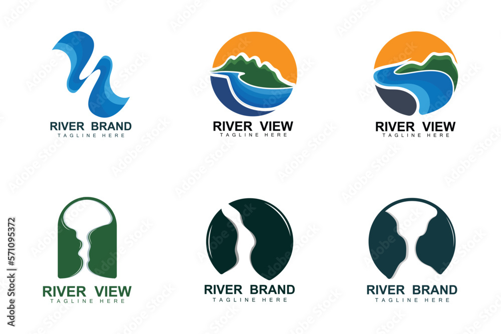 River Logo Design, River Creek Vector, Riverside Illustration With A Combination Of Mountains And Nature, Product Brand