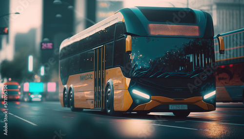 Autonomous Bus. Future, futuristic. Public Transportation. Sustainable City. City Bus. Generative AI. photo