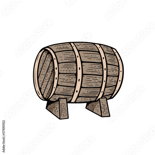 Beer wood barrel hand drawn engraving style vector art illustration.