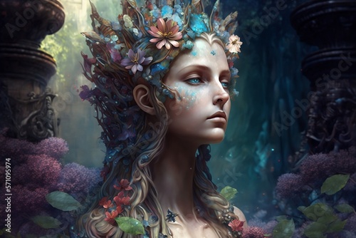 Enlightened goddess surrounded by Gaia's Garden, flowers, flora, mental health, Generative Ai