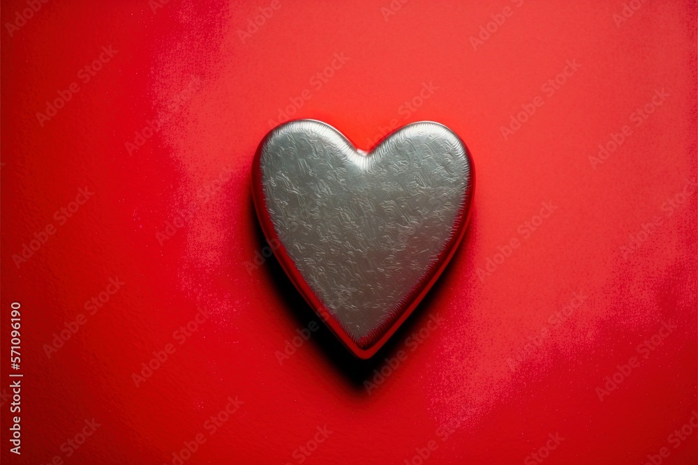 valentines day , silver heart on solid red background with Generative AI