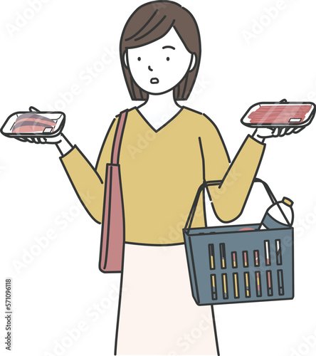 肉と魚を両手に持ち考える女性