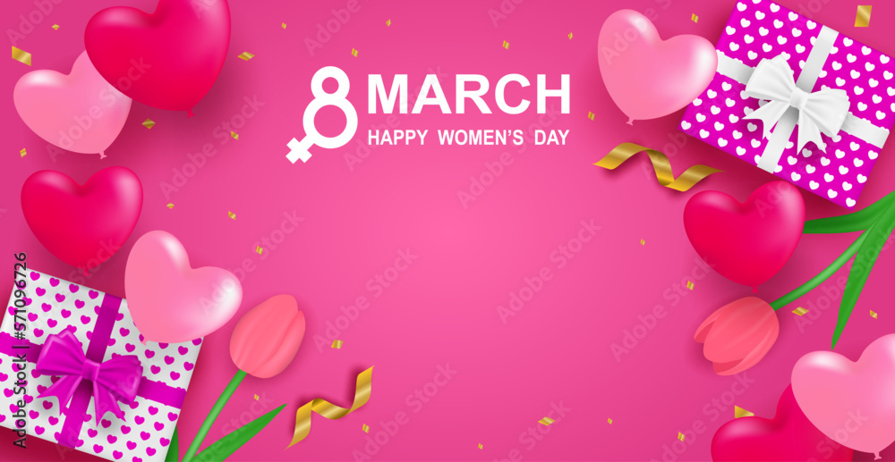 8 march. Happy Woman's Day. Design with tulips on pink background. Vector.