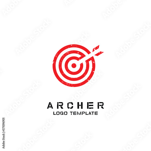 Red archer arrow logo design illustration Rounded vintage retro old symbol vector icon idea in a simple, custom, minimalist flat style with grain stencil effect. Little Company Identity Branding