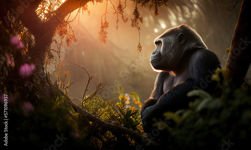 Gorilla in the lush tropical forests sitting on a tree branch. Generative AI