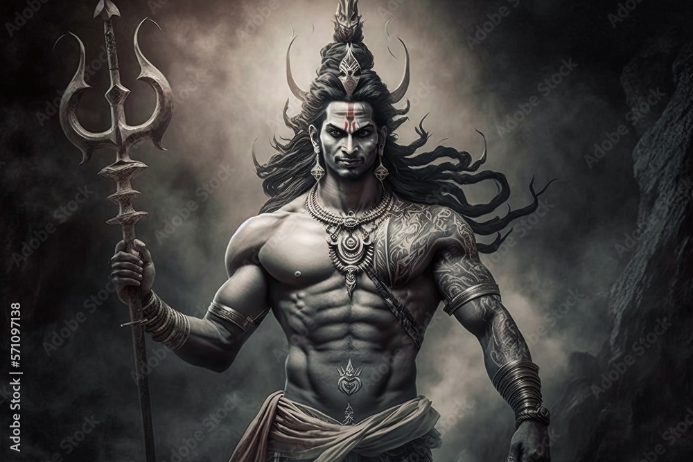 Generative AI Hindu god Shiva, Colorful indian hindu God Shiva hand holding Trident. God Shiva