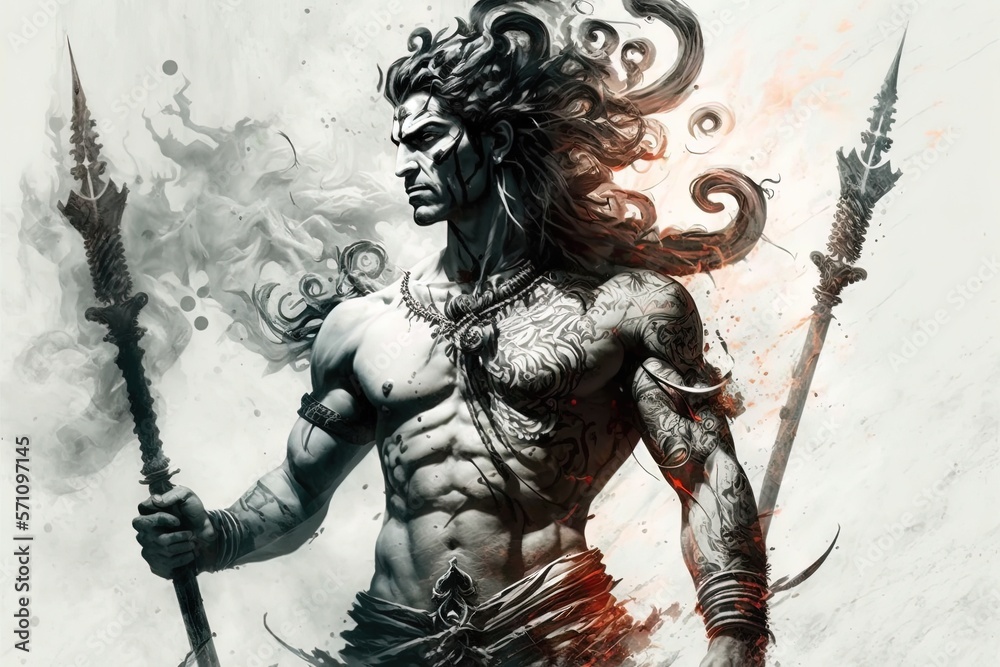 Φωτογραφία Generative AI Hindu god Shiva, Colorful indian hindu God Shiva hand holding Trident