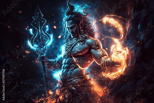 Fototapeta Generative AI Hindu god Shiva, Colorful indian hindu God Shiva hand holding Trident