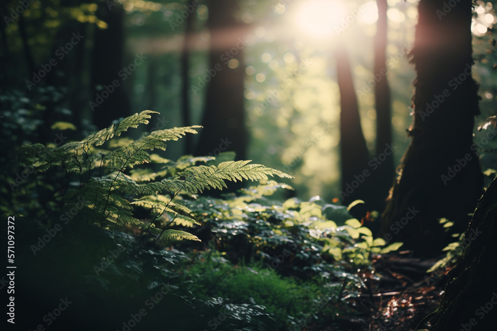 Beautiful rays of sunlight in a green forest with trees and plants background created with a generative ai technology Beautiful rays of sunlight in a green forest with trees and plants background created with a generative ai technology