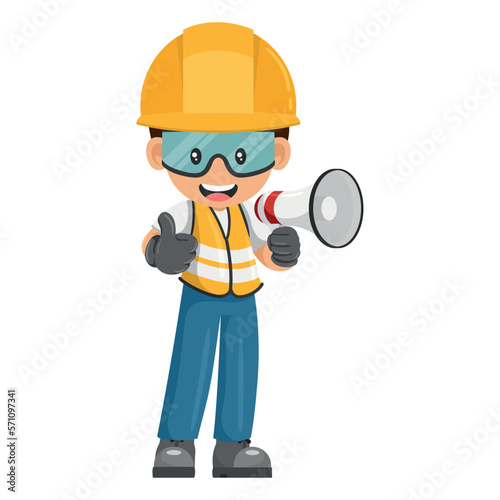 Industrial worker with thumb up making an announcement with a megaphone. Construction supervising engineer with personal protective equipment. Industrial safety and occupational health at work