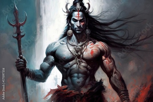 Generative AI Hindu god Shiva, Colorful indian hindu God Shiva hand holding Trident. God Shiva epic pose with trishula, magic in hand for t-shirt print, poster - Hindu religious art.