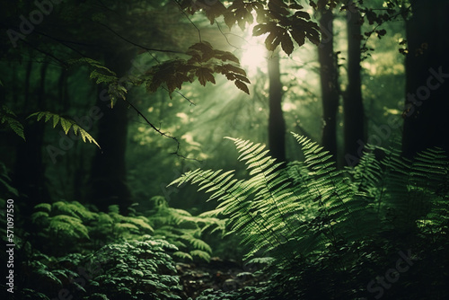 Beautiful rays of sunlight in a green forest with trees and plants background created with a generative ai technology