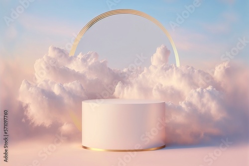 Round golden platform background with cloudy and dreamy sky background with Generative AI