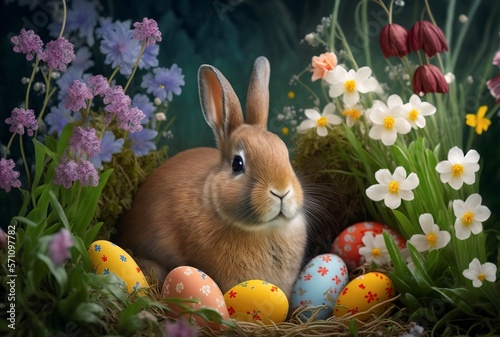 bunny and colorful easter eggs in the garden with Generative AI