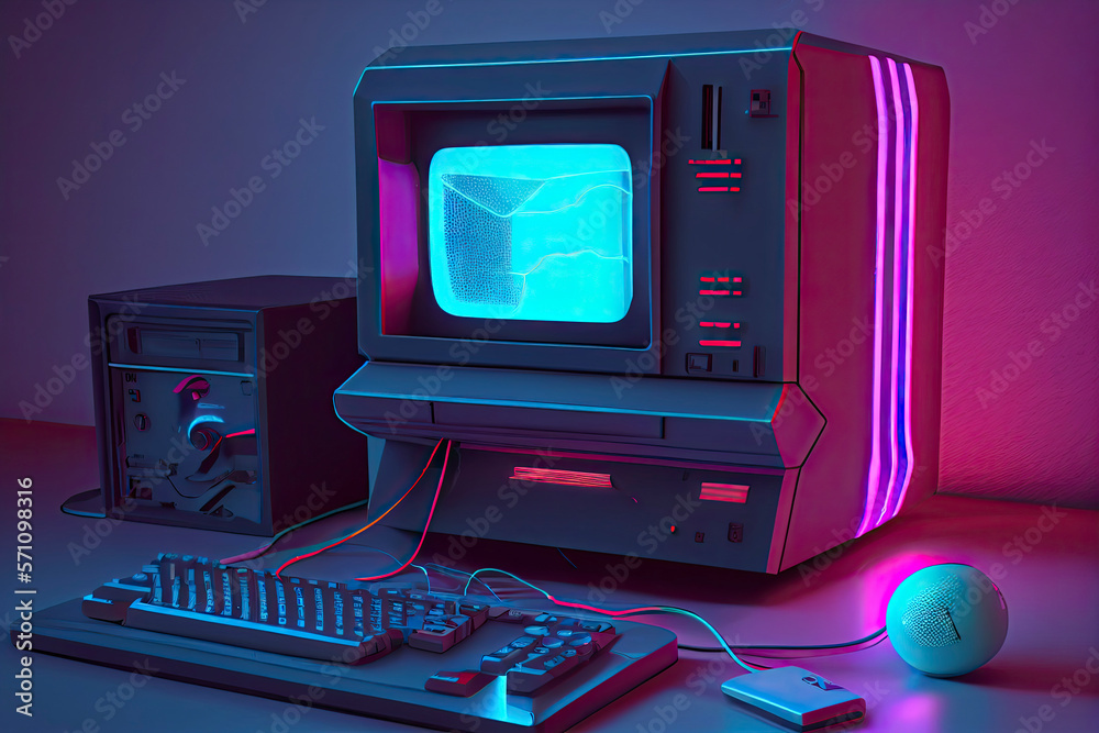 Vintage Desktop PC with Floppy Drive, Keyboard and Mouse in Neon