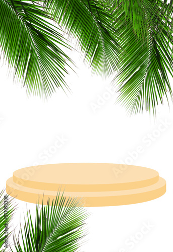 orange podium created by illustration and 3d rander with green palm leaves and transparente background, PNG file, summer product presentation concept