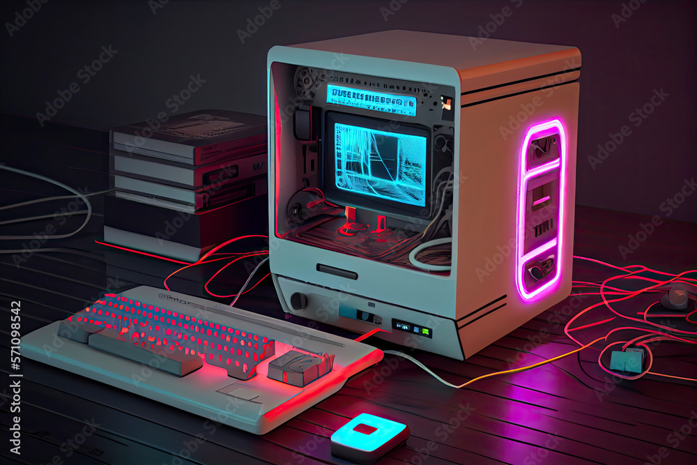 Vintage Desktop PC with Floppy Drive, Keyboard and Mouse in Neon