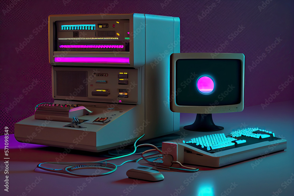 Vintage Desktop PC with Floppy Drive, Keyboard and Mouse in Neon