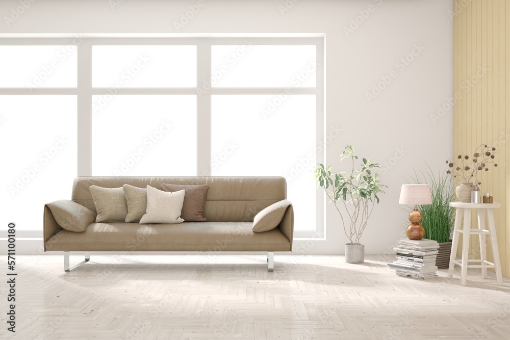 Fototapeta premium White living room with sofa. Scandinavian interior design. 3D illustration