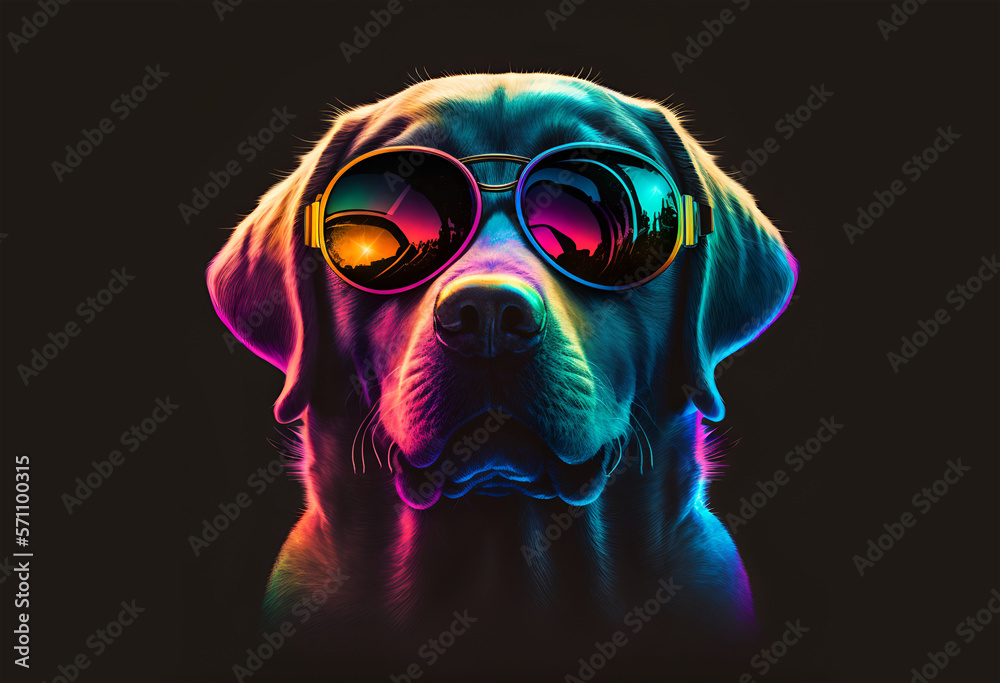 Labrador wearing sunglasses - colorful reflection - obrazy, fototapety, plakaty 