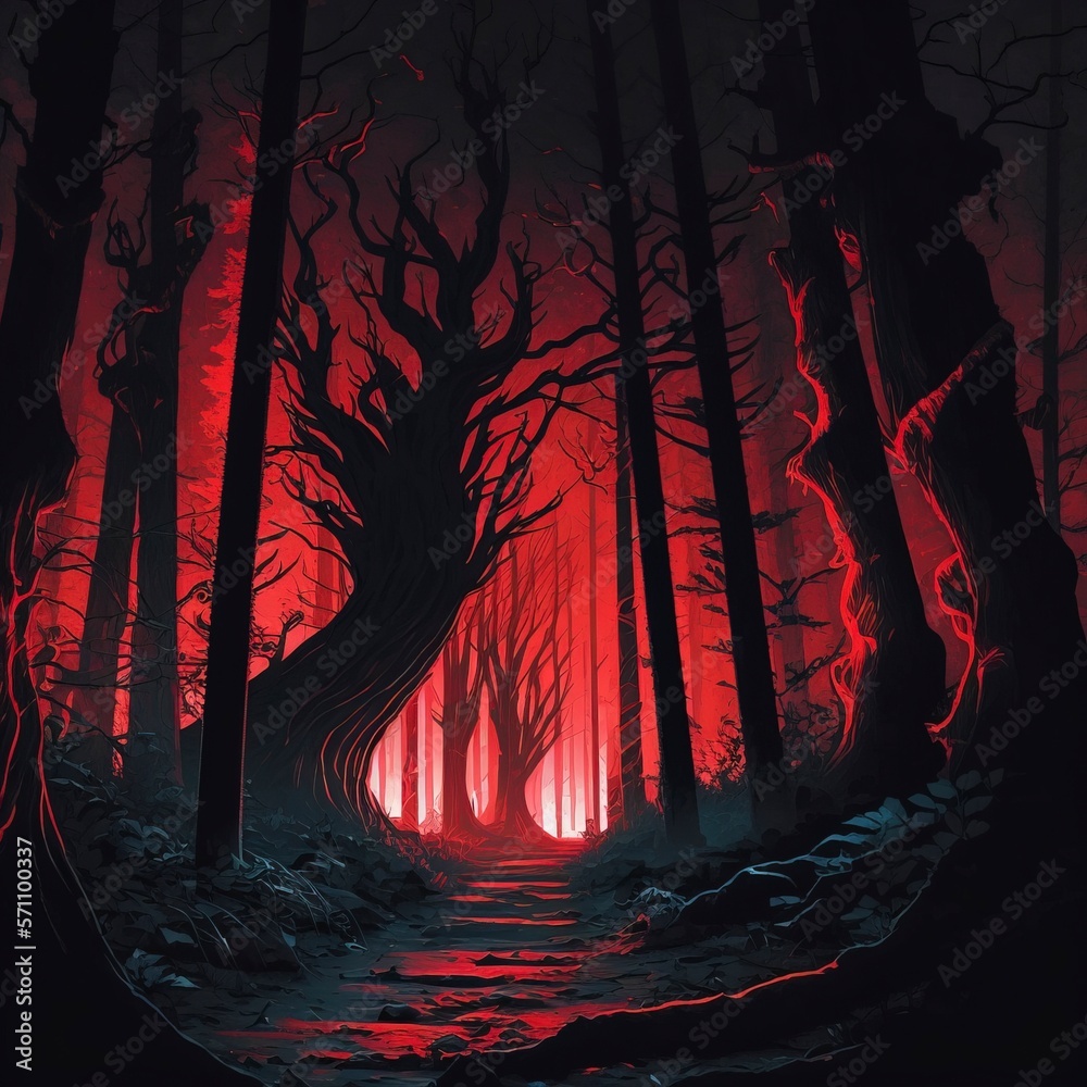 evil forest, red lighting, dark with Generative AI Stock Illustration |  Adobe Stock