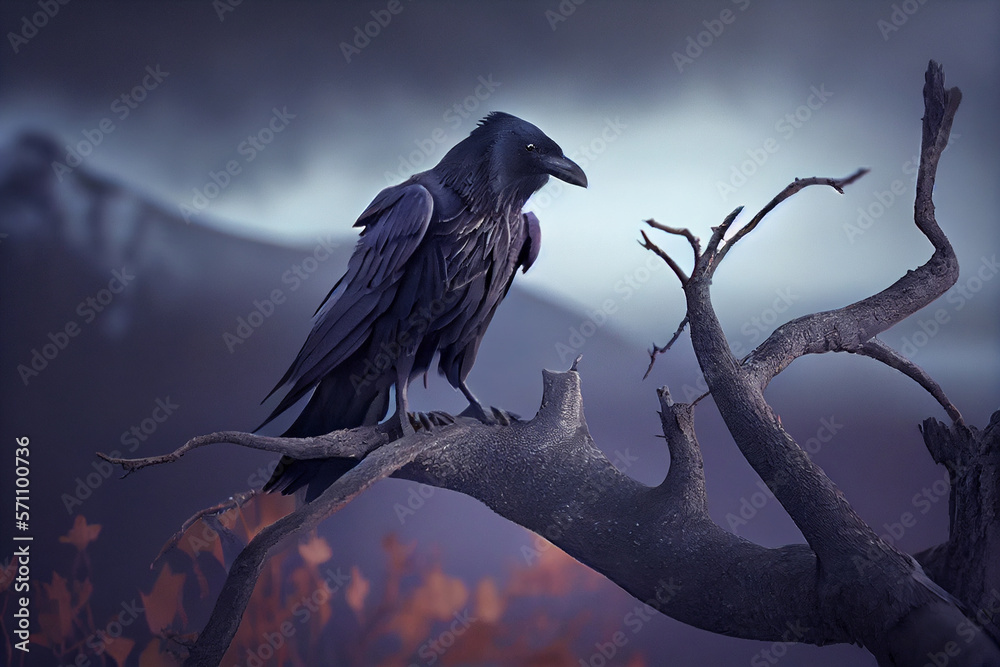 Fototapeta premium Illustration of a black raven in a dark forest. Generative AI.