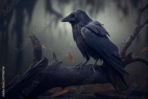 Illustration of a black raven in a dark forest. Generative AI.