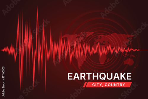Earthquake concept with Earthquake city country text on red light line Frequency seismograph waves cracked and map world with Circle Vibration texture on dark background Vector illustration design