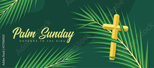 Palm sunday - Gold cross crucifix on green palm leaves on dark green background vector design