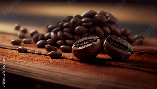 Illustration fo coffee beans on a brown wooden background. Generative AI.