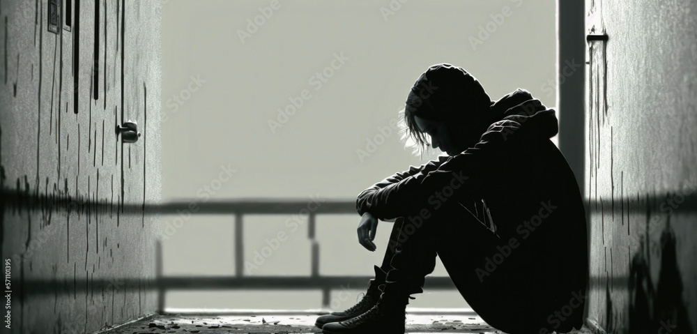Depressed Young man, Teenager, Boy, Suffering From Depression, Youth Mental Health Crisis, Soldier PTSD, Secondary High School Student Depression, monochromatic, black and white, - obrazy, fototapety, plakaty 