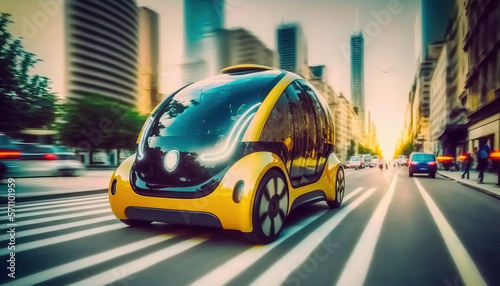 Autonomous Taxi Cab Car. Future City Taxi. Futuristic Yellow Car. Public Transportation. Sustainable City. Urban Mobility. Generative AI.