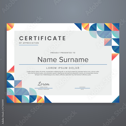 Modern geometric abstract design certificate template, can be used for appreciation, diploma, award, attendance, etc.