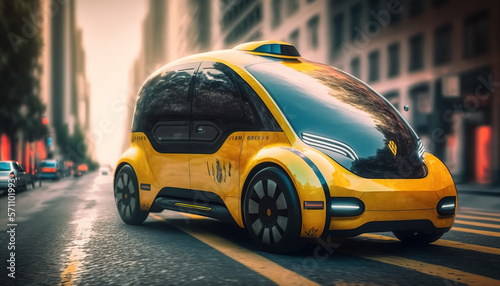 Autonomous Taxi Cab Car. Future City Taxi. Futuristic Yellow Car. Public Transportation. Sustainable City. Urban Mobility. Generative AI.