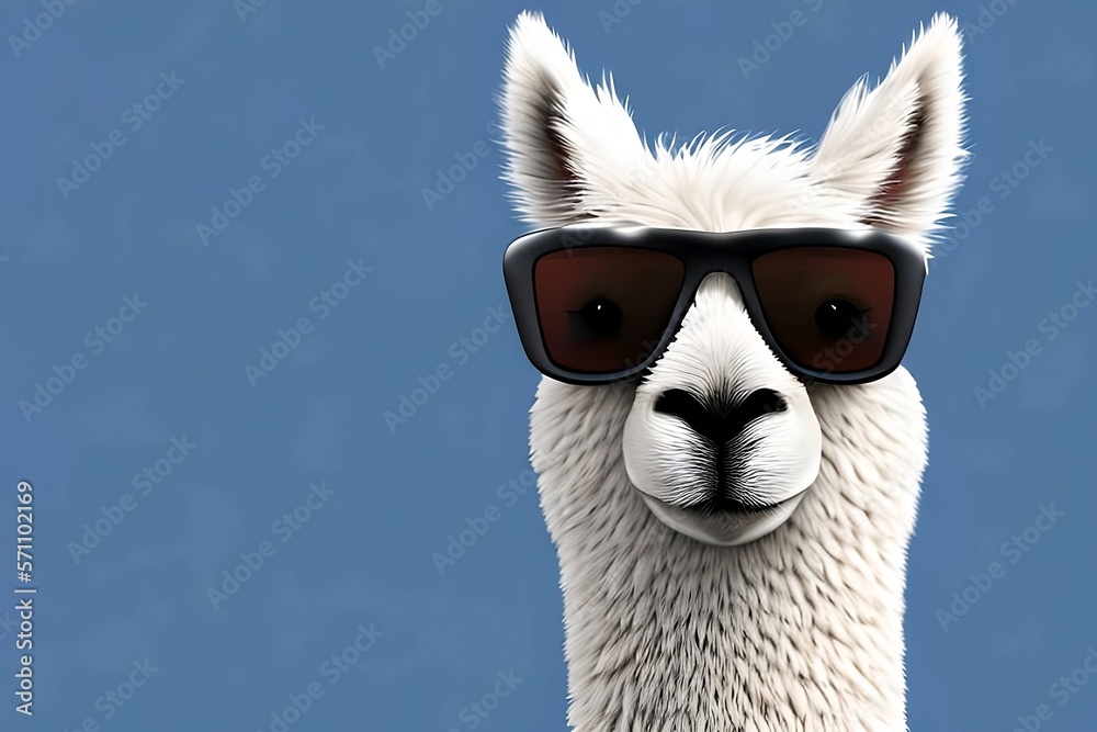Super cool alpaca wearing sunglasses , portrait, closeup
