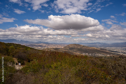 Beautiful view of the large Mexican city of Oaxaca from Monte Alban. View of the endless mountain peaks.