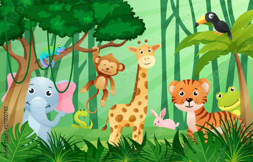 Wildlife animals in jungle scene . Kids style . Vector . #571102763