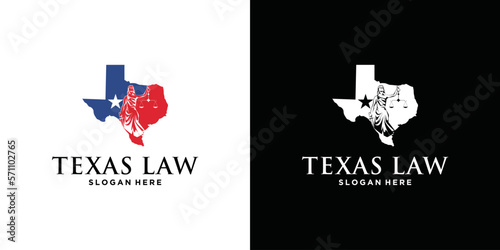 Texas law logo design template combination of texas area map and law symbol
