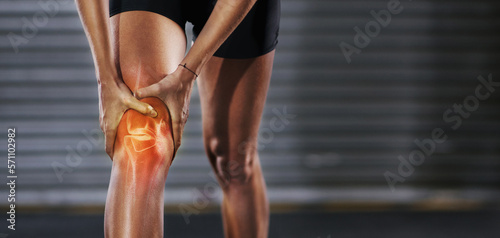 Fototapeta Naklejka Na Ścianę i Meble -  Knee injury, red muscle and man exercise with medical pain, body strain and sports emergency. Legs, wound and fitness accident from workout, arthritis and skeleton anatomy for orthopedic first aid